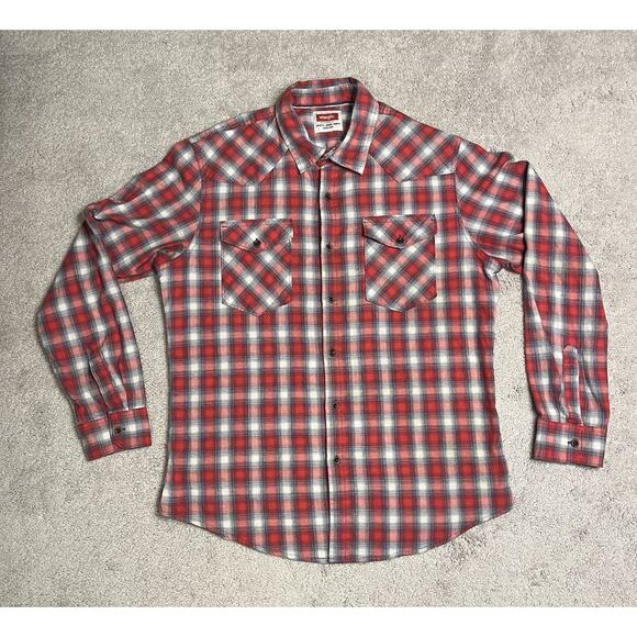 Wrangler Shirt Men's Large Red Plaid Western Button Up Chest Pockets - Picture 1 of 9